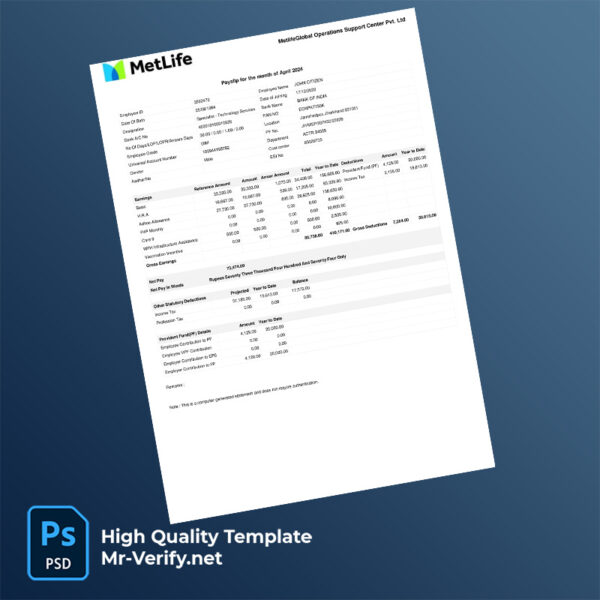 MetlifeGlobal Operations Support Center Pvt Ltd payslip word and pdf template