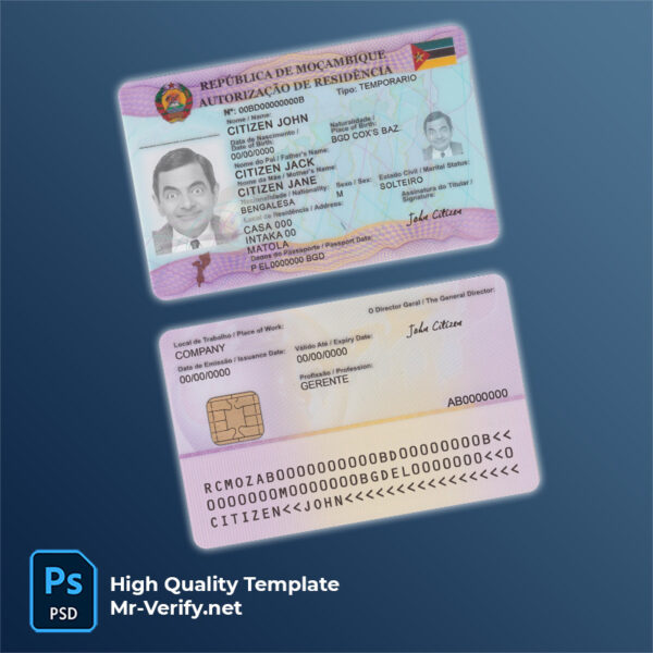 Mozambique permanent residence permit card PSD template
