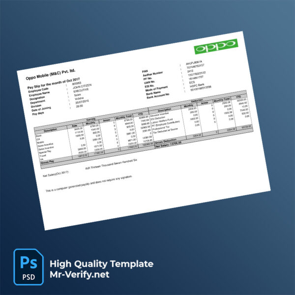 Oppo Mobile (M&C) Pvt ltd payslip word and pdf template