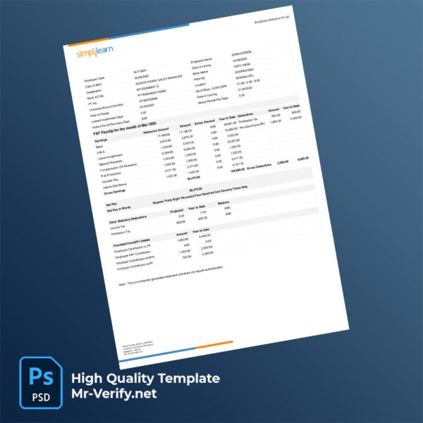 SimpliLearn Solutions Pvt Ltd payslip word and pdf template