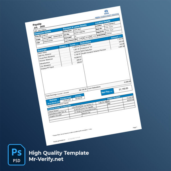Tata Consultancy Services payslip word and pdf template