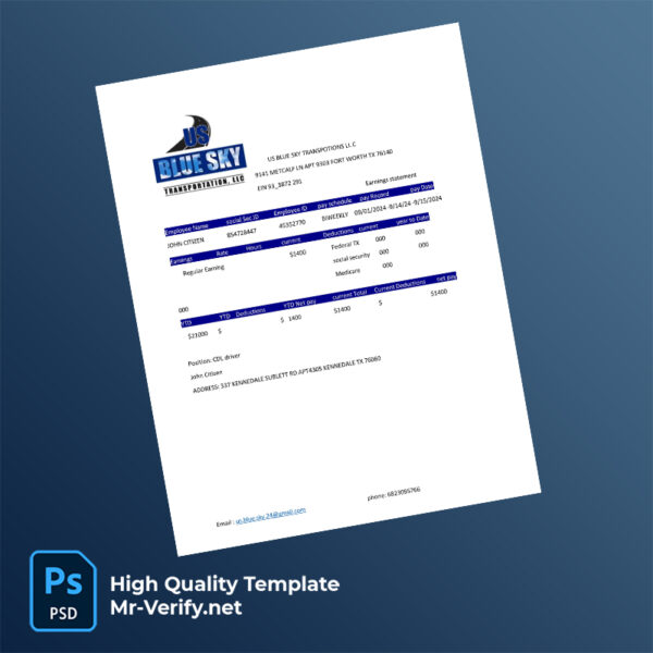 US Blue Sky Transportation LLC earning statement word and pdf template