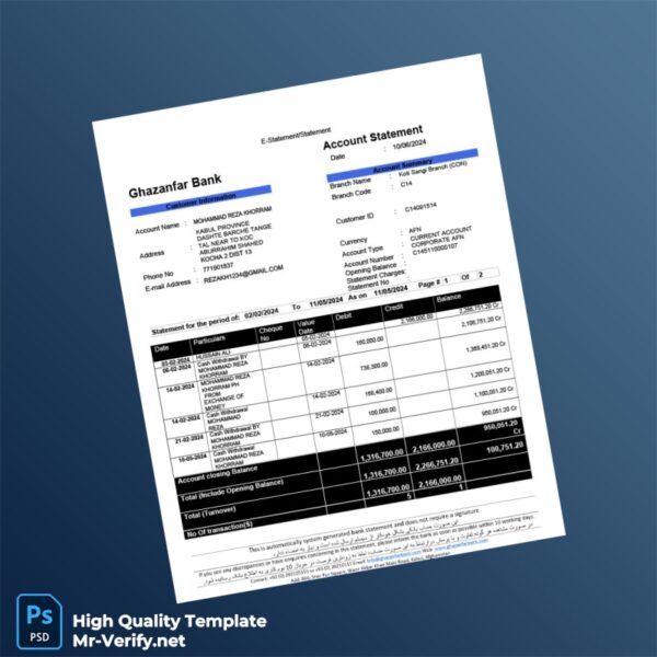 Afghanistan Ghazanfar Bank Account Statement Template in Word and PDF formats 2 page