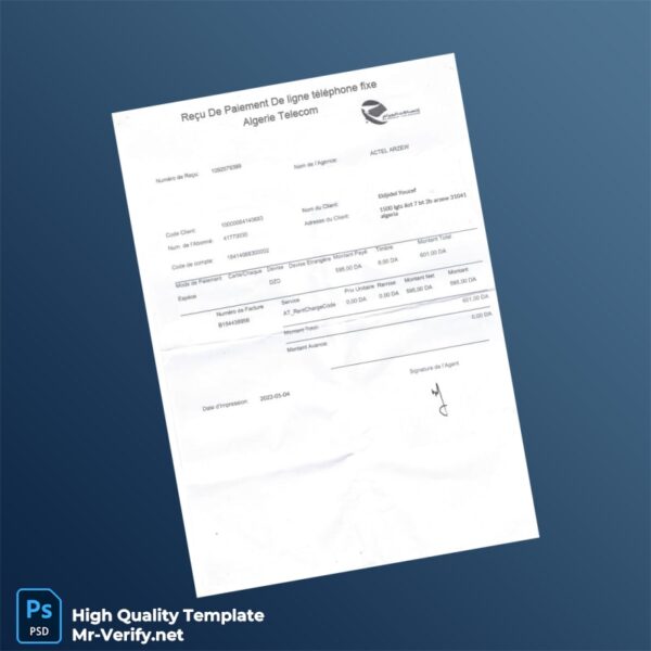 Algeria ACTEL ARZEW Editable Landline Utility Bill Template in Word and PDF formats