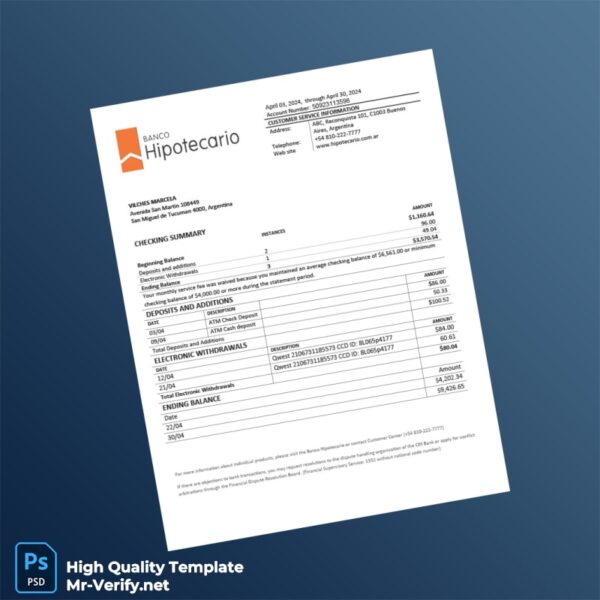 Argentina Banco Hipotecario Bank Statement Template in Word and PDF formats