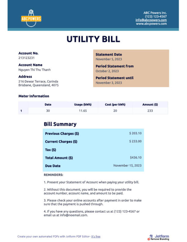Australia ABC Power Editable Utility Bill Template in Word and PDF formats