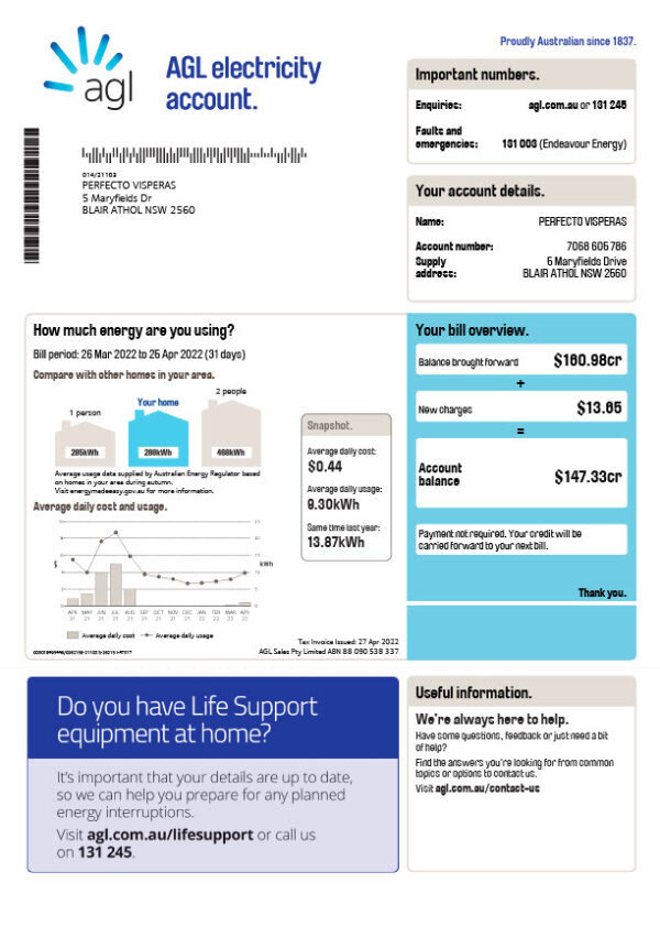 Australia AGL Editable Electricity Bill Template in Word and PDF formats 2 page