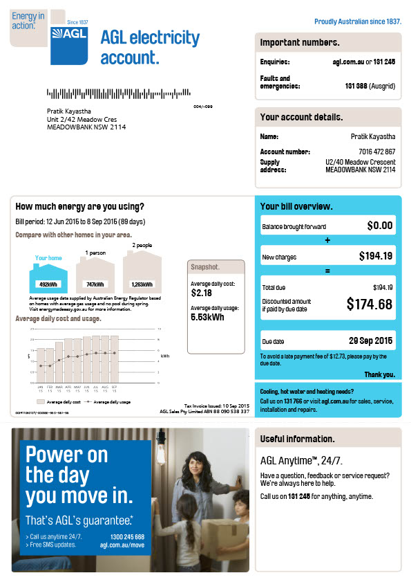 Australia AGL Sales Pty Limited Editable Energy Bill Template in Word and PDF formats 2 page