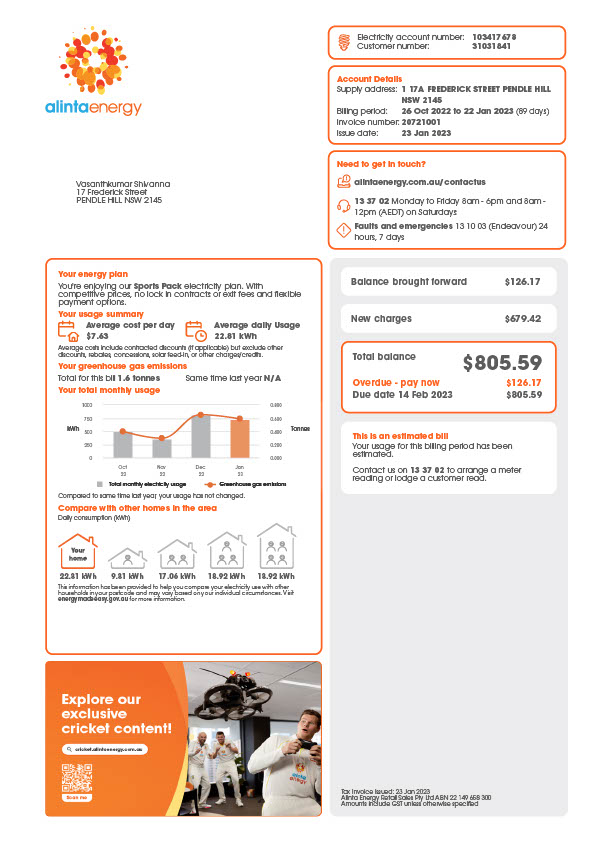 Australia Alinta Energy Editable Utility Bill Template in Word and PDF formats 2 page