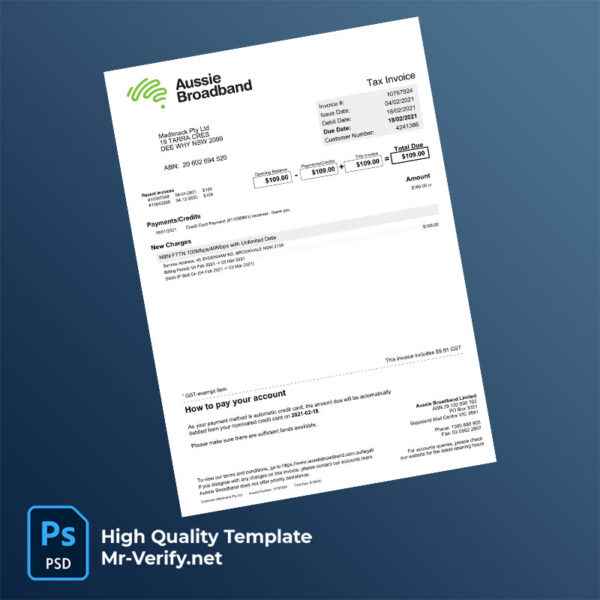 Australia Aussie Broadband Editable Tax Invoice Template in Word and PDF formats