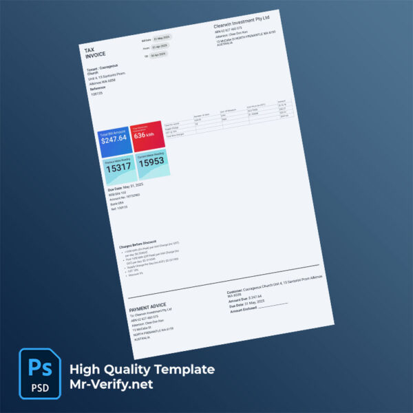 Australia Clearwin Investment Pty Ltd Editable Electricity Bill Template in Word and PDF formats
