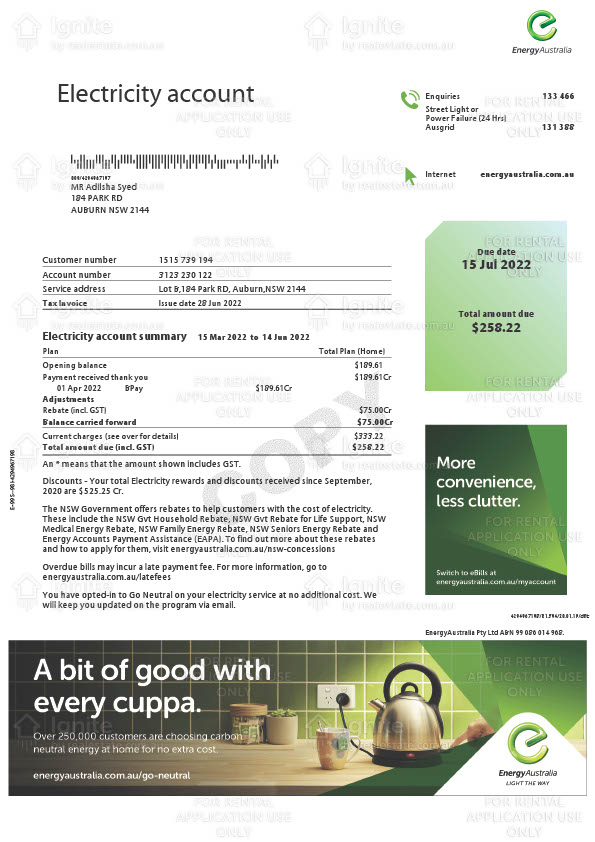 Australia EnergyAustralia Editable Electricity Bill Template in Word and PDF formats 2 page
