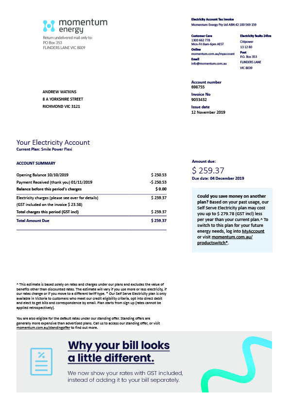 Australia Momentum Energy Editable Electricity Bill Template in Word and PDF formats 2 page