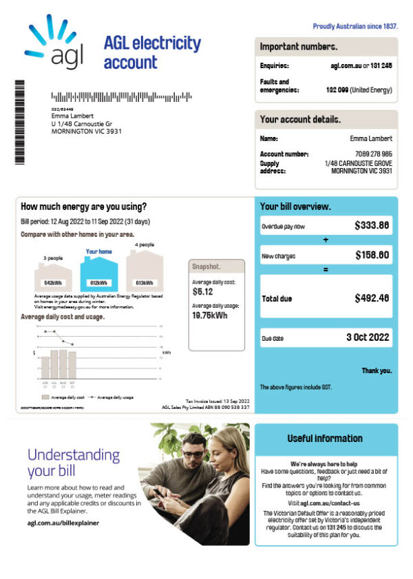 Australia United Energy Editable Electricity Bill Template in Word and PDF formats 2 page