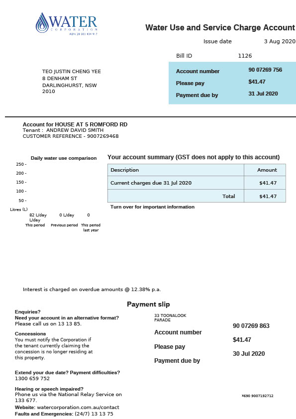 Australia Water Corporation Editable Water Bill Template in Word and PDF formats 3 page