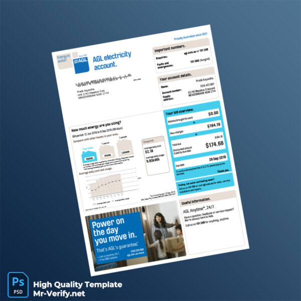 Australia AGL Editable Electricity Bill Template in Word and PDF formats 2 page