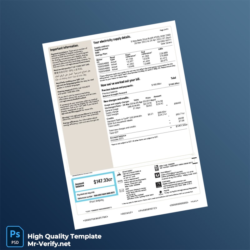 Australia AGL Editable Electricity Bill Template in Word and PDF formats 2 page Australia AGL Editable Electricity Bill Template in Word and PDF formats 2 page