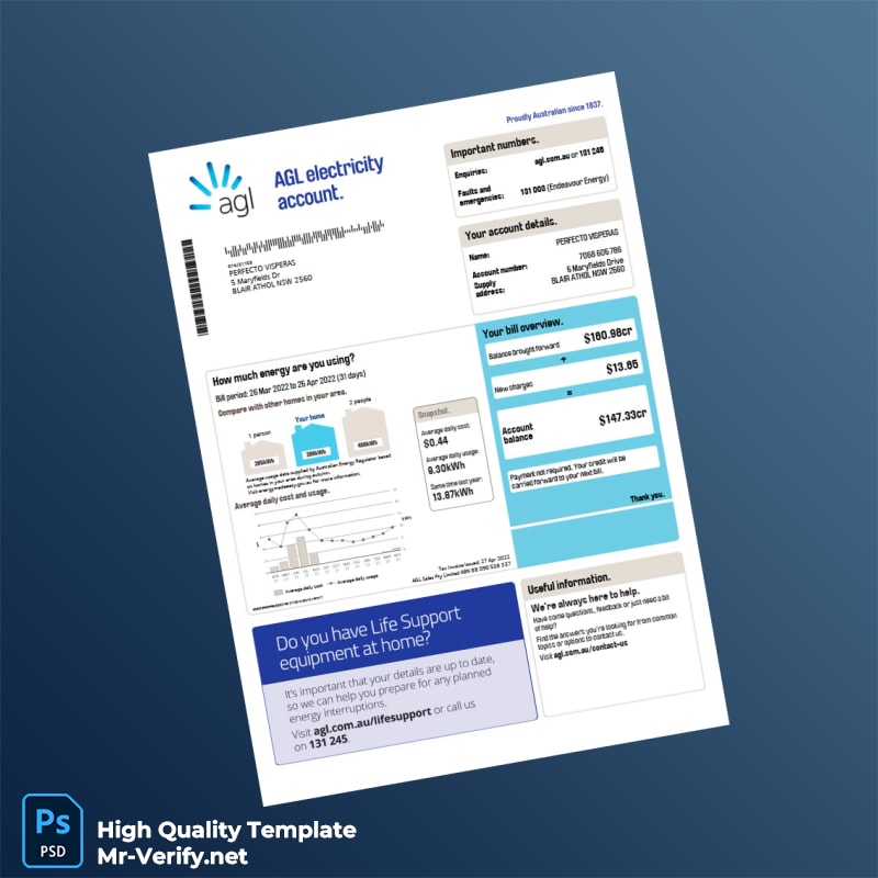 Australia AGL Editable Electricity Bill Template in Word and PDF formats 2 page Australia AGL Editable Electricity Bill Template in Word and PDF formats 2 page