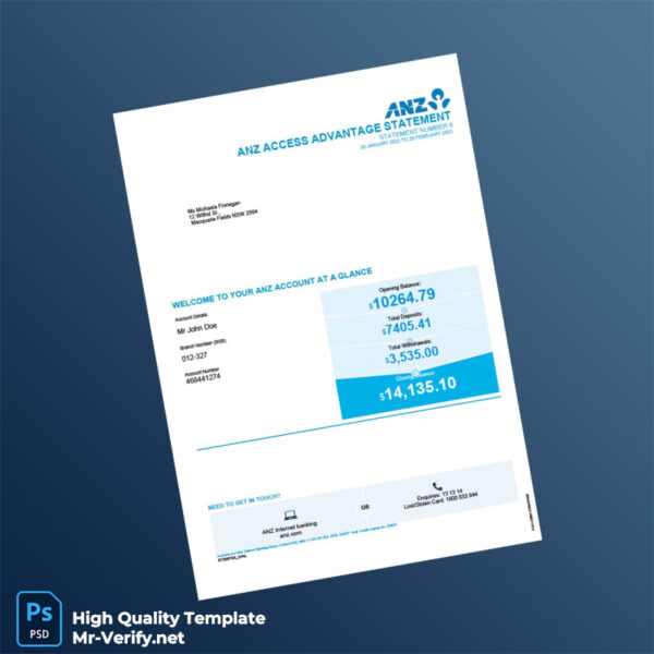 Australia ANZ Bank Statement Template in Word and PDF formats 5 page Australia ANZ Bank Statement Template in Word and PDF formats 5 page