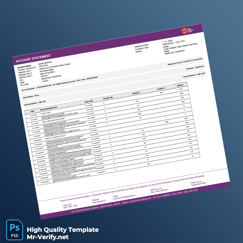 Australia AU Bank Statement Template in Word and PDF formats 2 page Australia AU Bank Statement Template in Word and PDF formats 2 page
