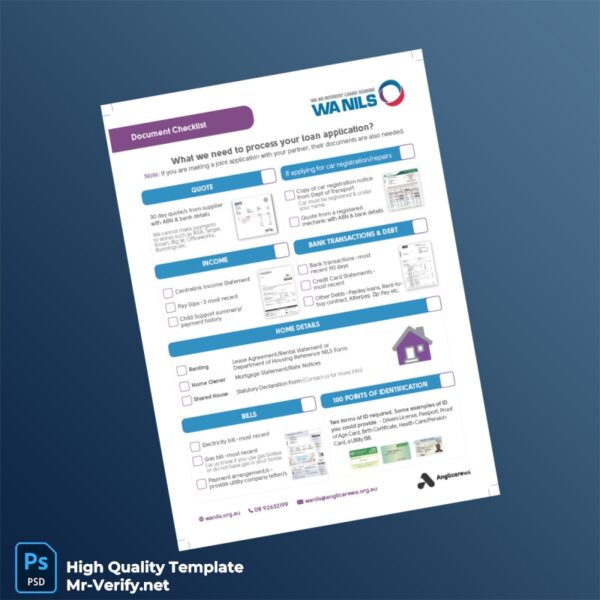 Australia Anglicare WA Editable Loan Application Document Checklist Template in Word and PDF formats