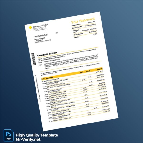 Australia Bank Statement Template in Word and PDF formats 6 page Australia Bank Statement Template in Word and PDF formats 6 page