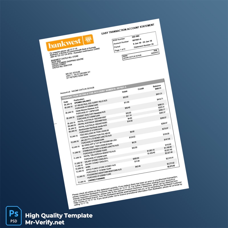 Australia Bankwest Bank Statement Template in Word and PDF formats 3 page Australia Bankwest Bank Statement Template in Word and PDF formats 3 page