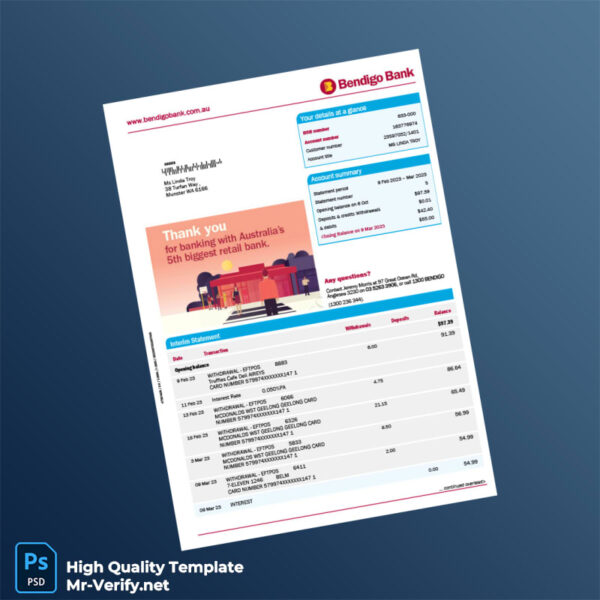 Australia Bendigo Bank Statement Template in Word and PDF formats 2 page