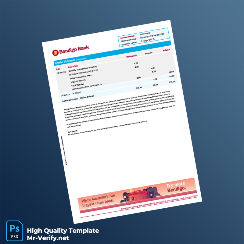 Australia Bendigo Bank Statement Template in Word and PDF formats 2 page Australia Bendigo Bank Statement Template in Word and PDF formats 2 page