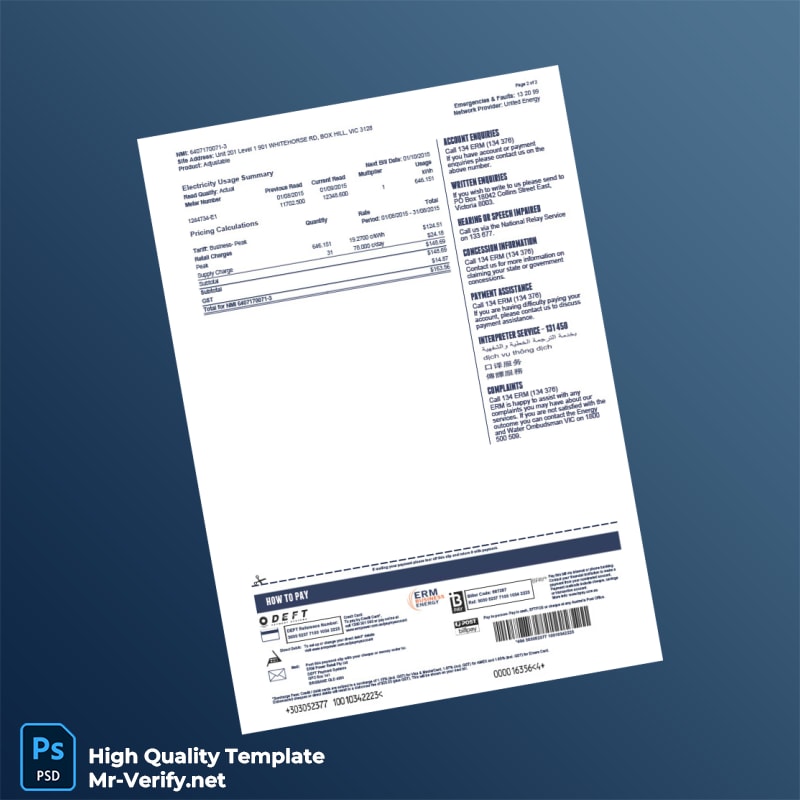 Australia ERM Power Retail Pty Ltd Editable Electricity Bill Template in Word and PDF formats 2 page Australia ERM Power Retail Pty Ltd Editable Electricity Bill Template in Word and PDF formats 2 page