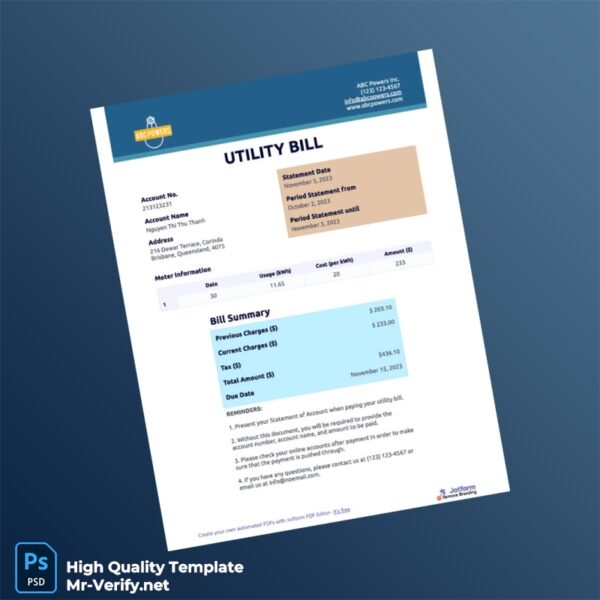 Australia Editable Utility Bill Template in Word and PDF formats