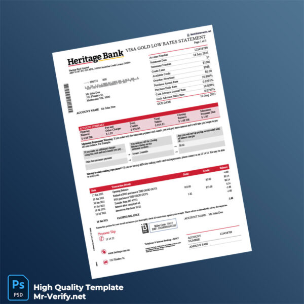 Australia Heritage Bank Credit Card Statement Template in Word and PDF formats 3 page
