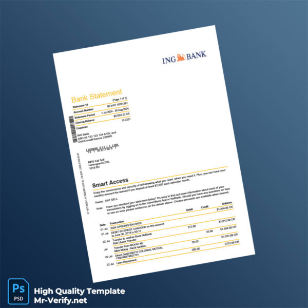 Australia ING Bank Bank Statement Template in Word and PDF formats 2 page