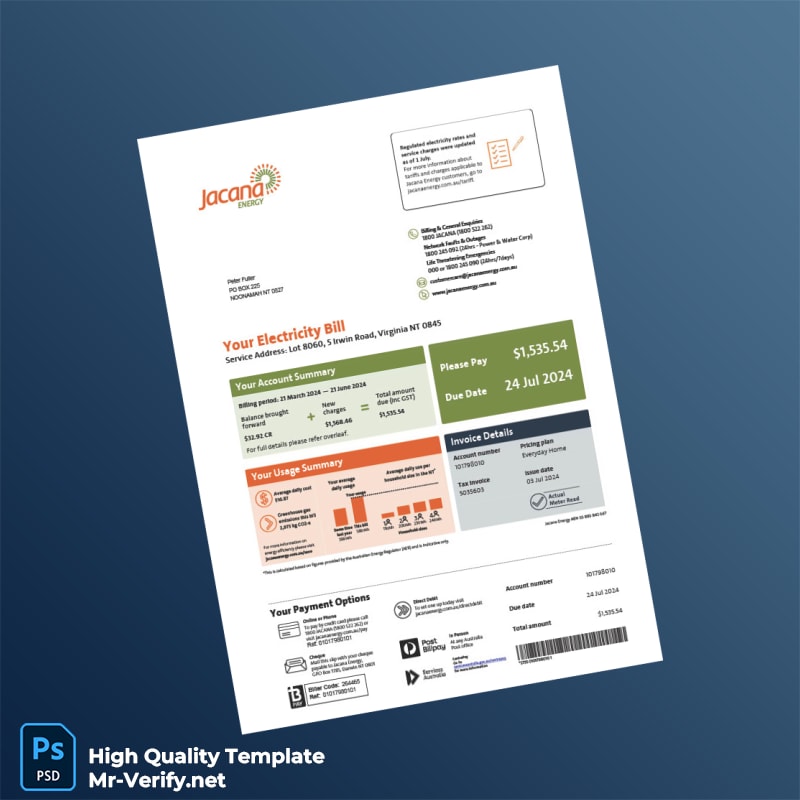 Australia Jacana Energy Editable Electricity Bill Template in Word and PDF formats 3 page Australia Jacana Energy Editable Electricity Bill Template in Word and PDF formats 3 page