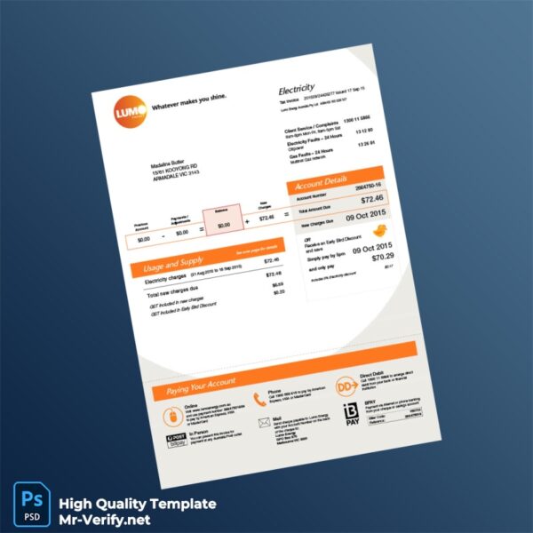 Australia Lumo Energy Editable Electricity Bill Template in Word and PDF formats 2 page
