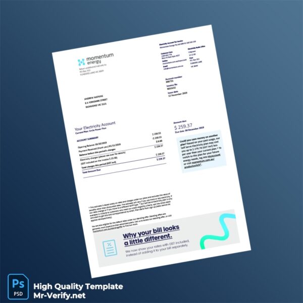 Australia Momentum Energy Editable Electricity Bill Template in Word and PDF formats 2 page