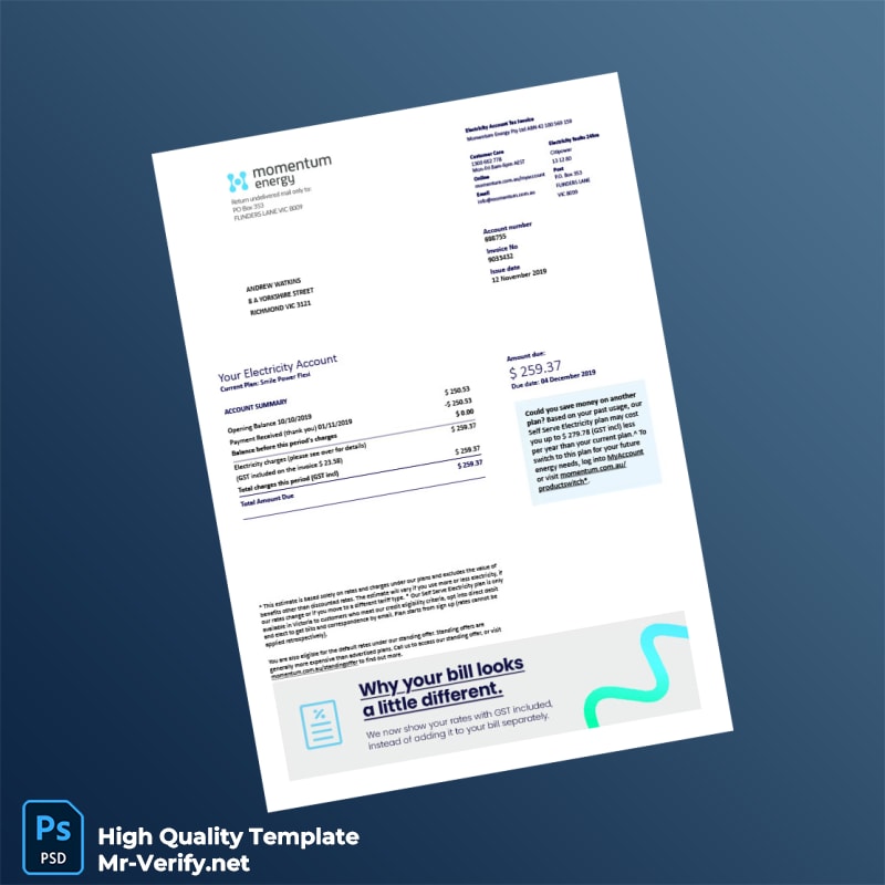 Australia Momentum Energy Editable Electricity Bill Template in Word and PDF formats 2 page Australia Momentum Energy Editable Electricity Bill Template in Word and PDF formats 2 page