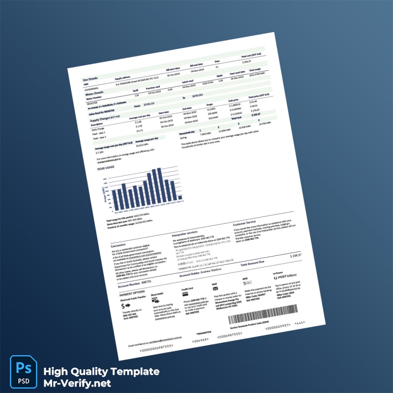 Australia Momentum Energy Editable Electricity Bill Template in Word and PDF formats 2 page Australia Momentum Energy Editable Electricity Bill Template in Word and PDF formats 2 page