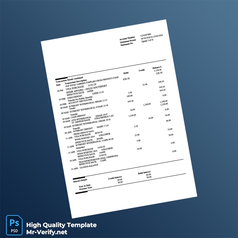 Australia St George Bank Statement Template in Word and PDF formats 5 page Australia St George Bank Statement Template in Word and PDF formats 5 page