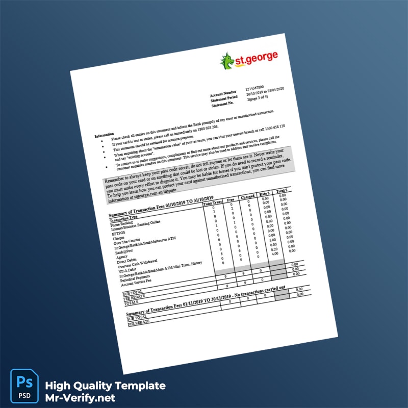 Australia St George Bank Statement Template in Word and PDF formats 5 page Australia St George Bank Statement Template in Word and PDF formats 5 page