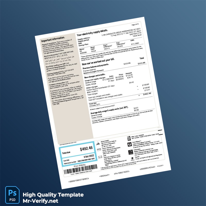 Australia United Energy Editable Electricity Bill Template in Word and PDF formats 2 page Australia United Energy Editable Electricity Bill Template in Word and PDF formats 2 page
