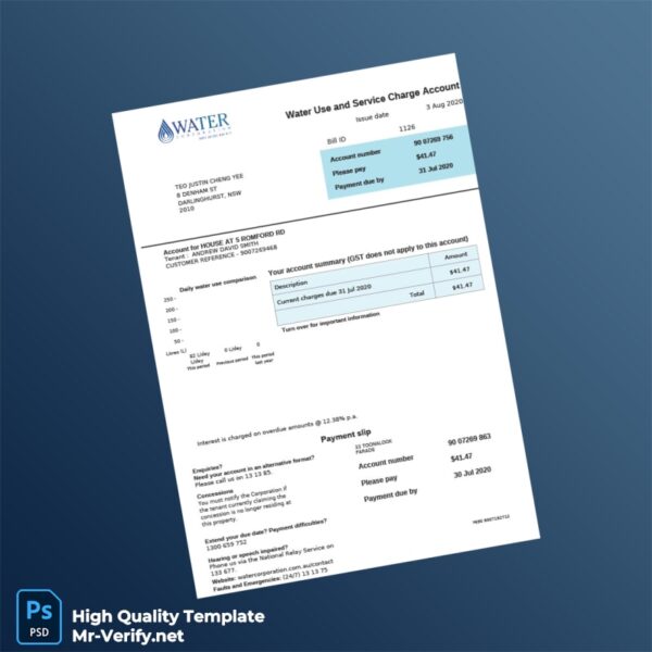 Australia Water Corporation Editable Water Bill Template in Word and PDF formats 3 page