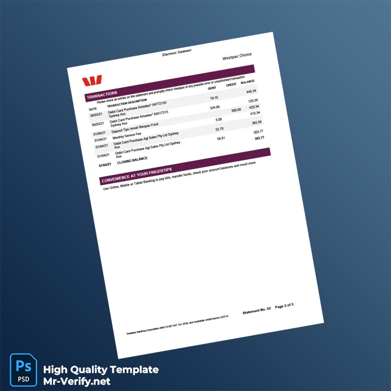 Australia Westpac Bank Statement Template in Word and PDF formats 3 page Australia Westpac Bank Statement Template in Word and PDF formats 3 page