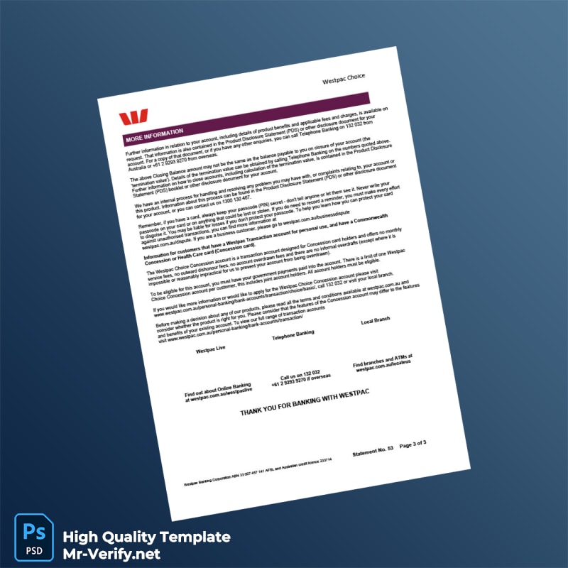 Australia Westpac Bank Statement Template in Word and PDF formats 3 page Australia Westpac Bank Statement Template in Word and PDF formats 3 page