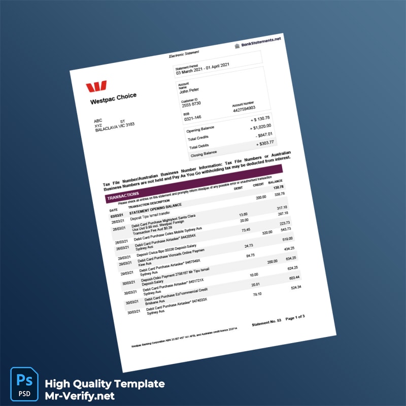 Australia Westpac Bank Statement Template in Word and PDF formats 3 page Australia Westpac Bank Statement Template in Word and PDF formats 3 page
