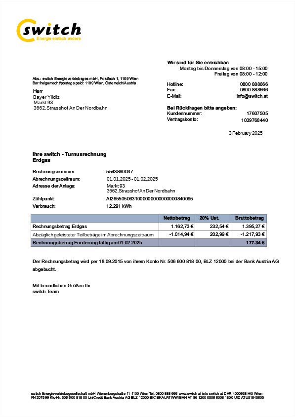 Austria switch Energievertriebsges mbH Editable Utility Bill Template in Word and PDF formats