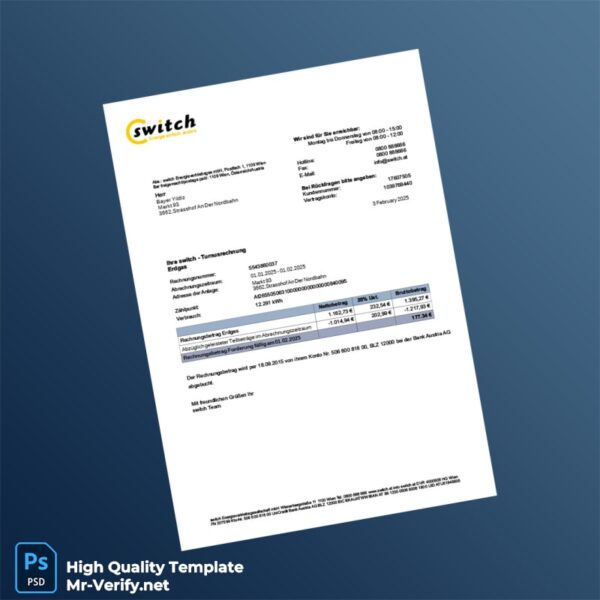 Austria switch Energievertriebs ges mbH Editable Utility Bill Template in Word and PDF formats