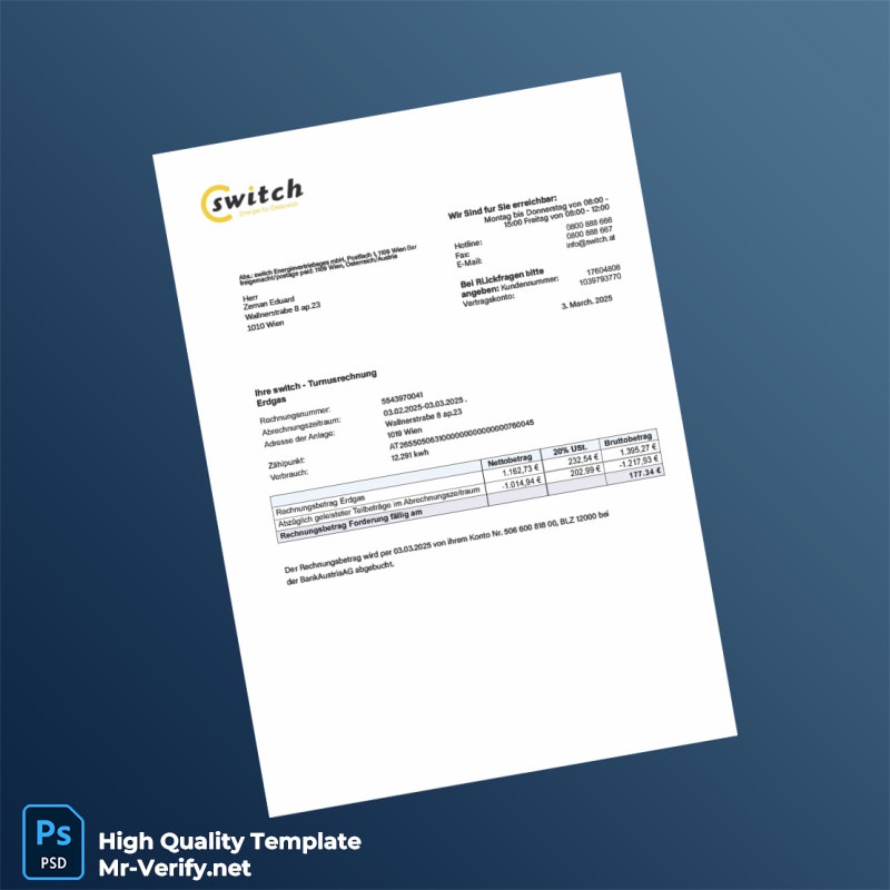 Austria switch Energievertriebsges mbH Editable Utility Bill Template in Word and PDF formats Austria switch Energievertriebsges mbH Editable Utility Bill Template in Word and PDF formats