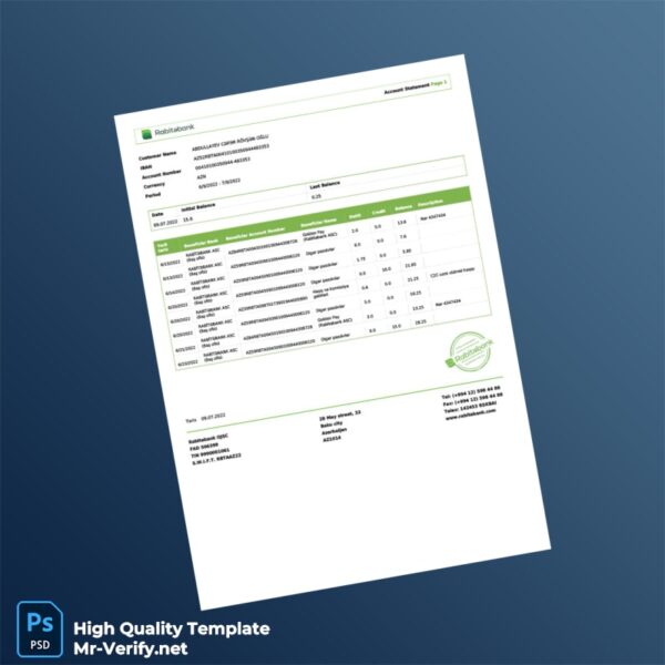 Azerbaijan Rabitabank Bank Statement Template in Word and PDF formats 2 page