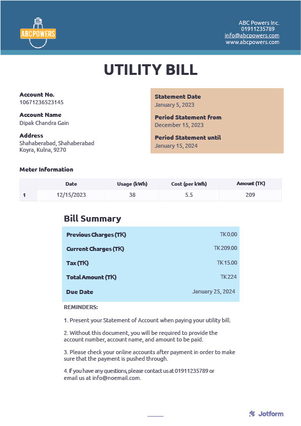 Bangladesh ABC Power Editable Utility Bill Template in Word and PDF formats